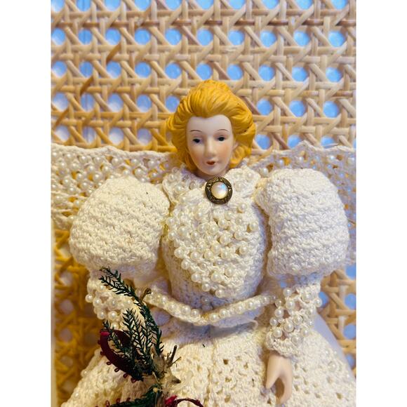 Vintage VictorianChristmas Tree Topper Hand Crochet Angel Embellished Christmas - Picture 5 of 6